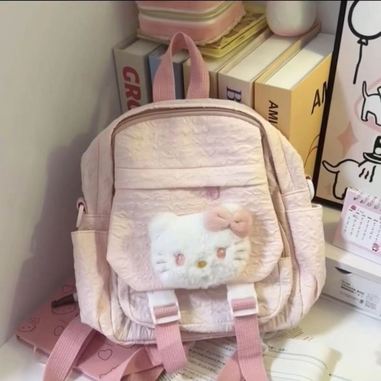 Korean style small fresh girls cute backpack 2024 new pleated texture student Hellokitty backpack for women