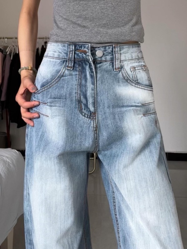 2024 Design Trendy Brand American Retro Washed Loose Straight Jeans Women's Versatile Drapey Wide Leg Pants