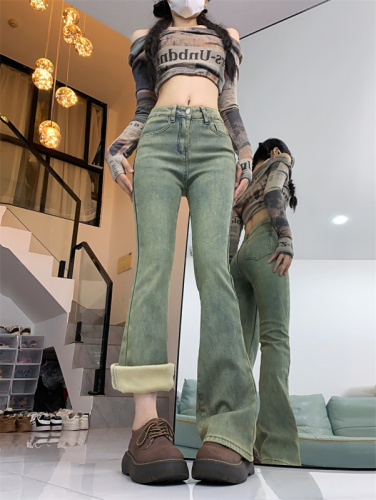 Fat mm plus velvet micro-flare jeans for women 2024 autumn and winter high-waisted slimming stretch large size floor mopping pants