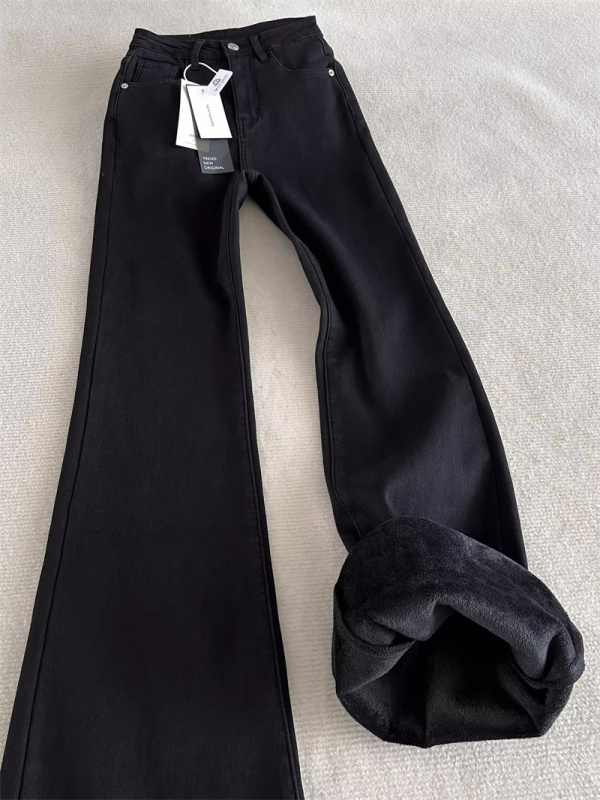 Black velvet warm micro-flare jeans winter new American retro high-waist elastic slimming horseshoe pants