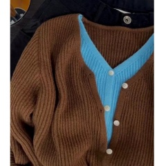 Retro large version v-neck twist sweater autumn and winter new style lazy style loose thickened high-end pullover top