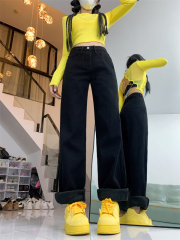 Velvet thickened straight loose large size wide leg jeans for women 2024 autumn and winter new style student fat MM trousers