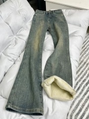 Velvet thickened retro blue straight jeans for women autumn and winter 2024 new loose wide-legged slimming slightly flared horseshoe pants