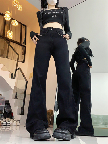 Large size high-waisted studded bootcut jeans for women with autumn pear-shaped body, fat mm slimming straight wide-leg trousers