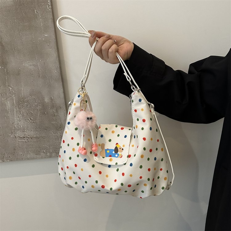 Colorful polka-dot large-capacity backpack for women, cute cartoon puppy shoulder tote bag, multiple carrying methods, cross-body bag