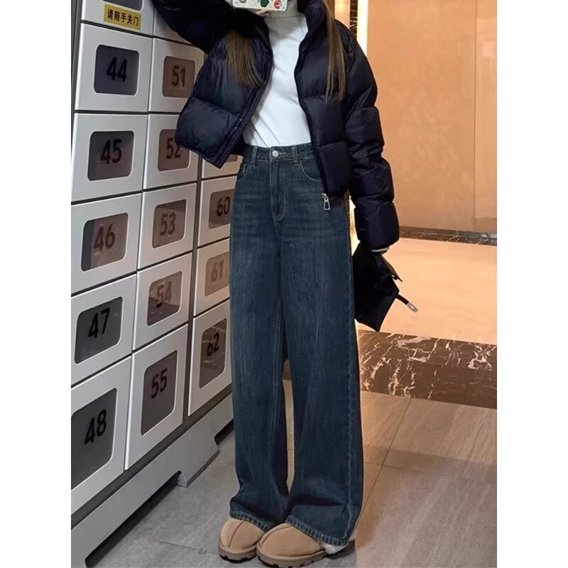 Retro blue straight jeans for women in autumn and winter plus size fat mm high waist covering crotch slimming plus velvet thickened narrow wide leg pants