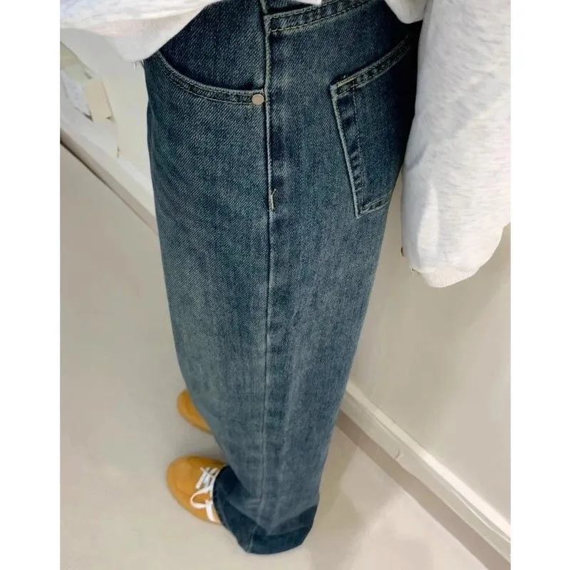 Korean style retro large size straight jeans for women 2024 winter new style plus velvet thickening slimming loose high waist pants