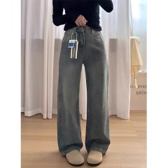 New autumn and winter velvet thickened jeans for women, loose and slim, large size fat MM casual trousers, high-waisted straight pants, trendy