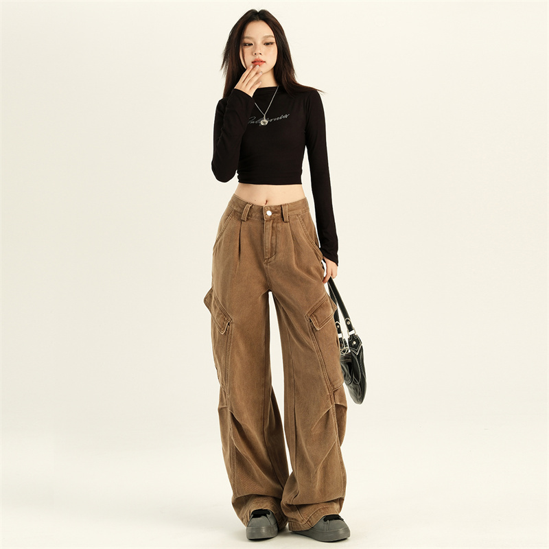 Spring new style brown multi-pocket pleated design work jeans women's personalized loose straight wide-leg pants
