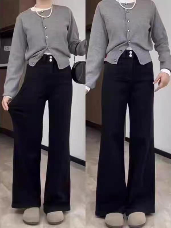 Black non-leg-fitting bootcut jeans for women in autumn and winter new large size fat mm high-waisted hip-covering elastic flared wide-leg pants
