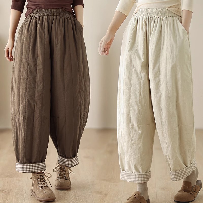 2024 winter new Korean version simple niche fashion quilted casual trousers loose solid color harem cotton trousers