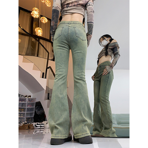 Fat mm plus velvet micro-flare jeans for women 2024 autumn and winter high-waisted slimming stretch large size floor mopping pants