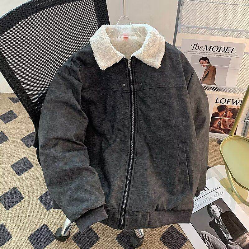 Lamb wool denim jackets for couples, washed thickened denim jackets, plus velvet cotton jackets, trendy for men and women