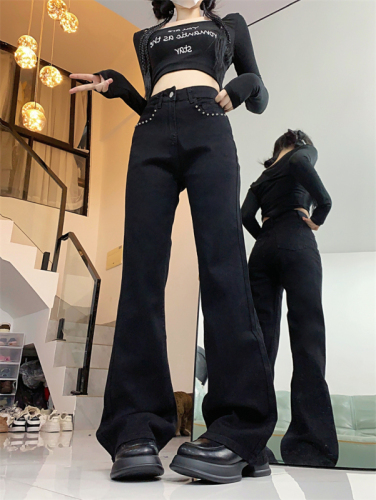 Large size high-waisted studded bootcut jeans for women with autumn pear-shaped body, fat mm slimming straight wide-leg trousers