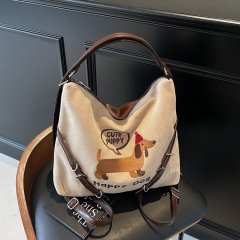 Embroidered Dachshund Dog Backpack Bag Women's Autumn and Winter New Large Capacity Retro Shoulder Tote Bag Commuter Crossbody Bag
