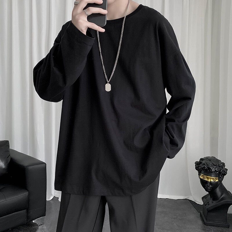 Solid color bottoming shirt ins trendy pure cotton long-sleeved t-shirt Hong Kong style loose Korean style student top