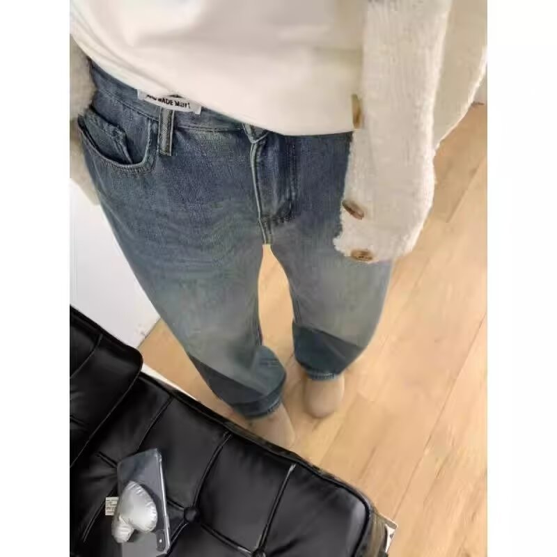 Large size plus velvet S-5XL blue and gray straight jeans for spring and autumn, fat mm looks slim and small, elastic nine-point hemming