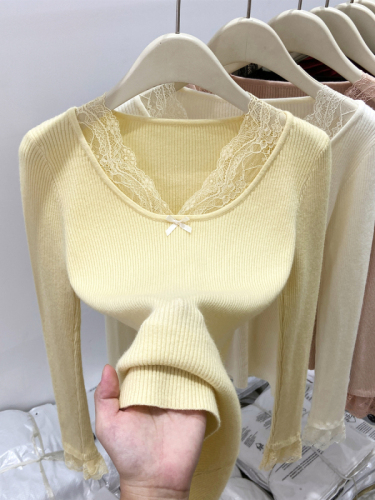 Pure Desire Sexy Lace Spliced ​​Long-Sleeved Sweater Women's Autumn Hot Girl Short Elastic Slim Slim Inner Top