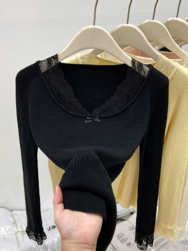 Pure Desire Sexy Lace Spliced ​​Long-Sleeved Sweater Women's Autumn Hot Girl Short Elastic Slim Slim Inner Top