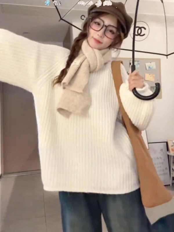 Orange round neck pullover soft waxy sweater for women in autumn and winter thickened outer wear loose lazy style high-end knitted sweater top