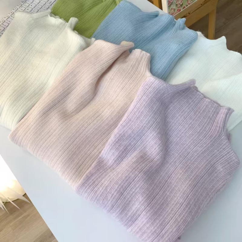 2024 Cream Vertical Stripe Half Turtle Collar Versatile Knitted Sweater Sweater Bottoming Shirt Women's Clothes Slim Inner Autumn and Winter