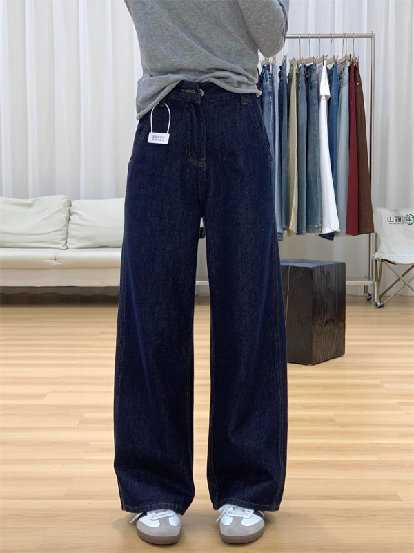 Large size American washed dark wide-leg jeans for women in autumn new loose and slim straight floor-length pants trendy