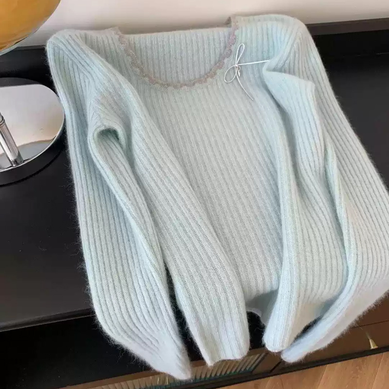 Korean gentle contrasting edge bow round neck soft waxy sweater for women autumn and winter college style sweet high-end knitted sweater