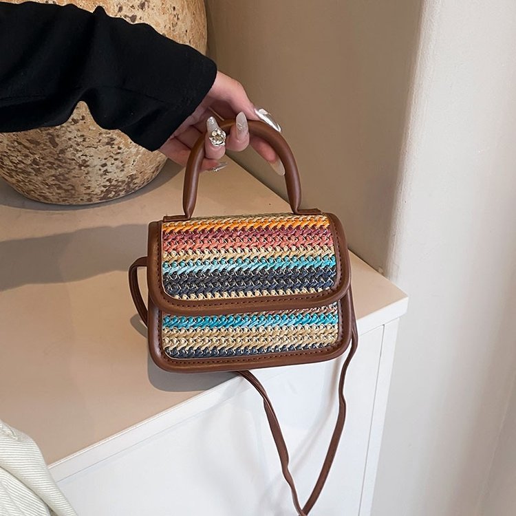 Korean style women's shoulder bag, fashionable rainbow straw style mini bow handbag, new contrasting color crossbody bag