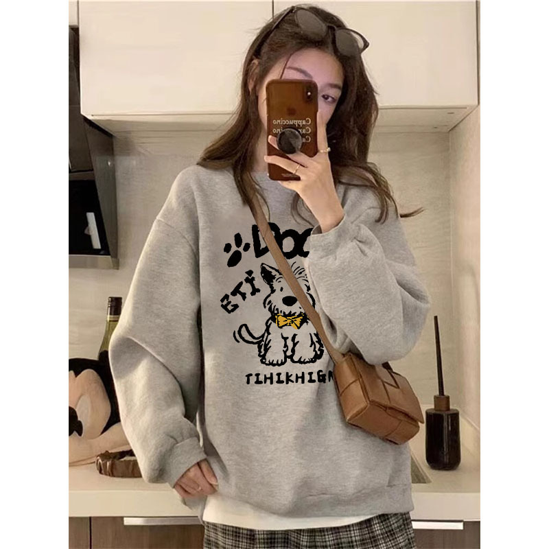 High quality cotton-containing Chinese cotton composite CVC rib round neck printed sweatshirt for women couple regular plus velvet