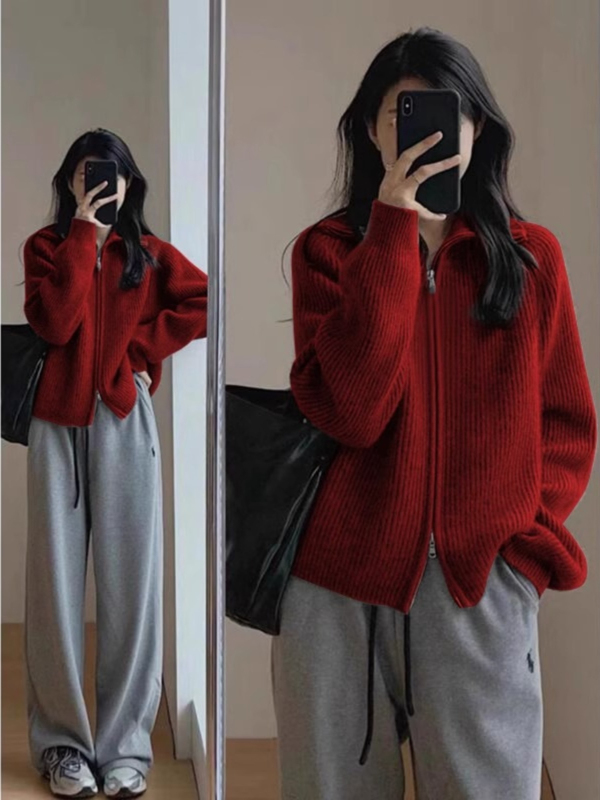 Korean style lapel zipper knitted cardigan women's turtleneck autumn and winter new retro lazy style loose thickened jacket