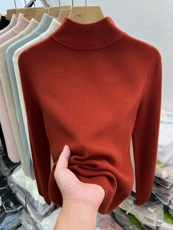 Temperament half turtleneck soft waxy long-sleeved sweater for women 2024 autumn and winter new style simple inner layering shirt top