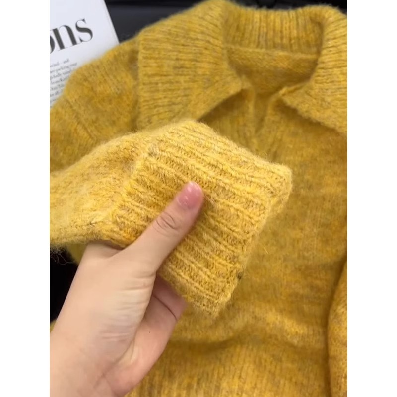 Lazy high-end yellow raccoon velvet sweater for women in autumn and winter thickened winter style outer wear soft waxy lapel top