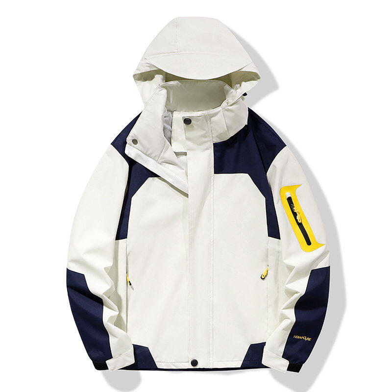 Outdoor jacket with detachable hood, windproof and waterproof patchwork jacket, loose and casual