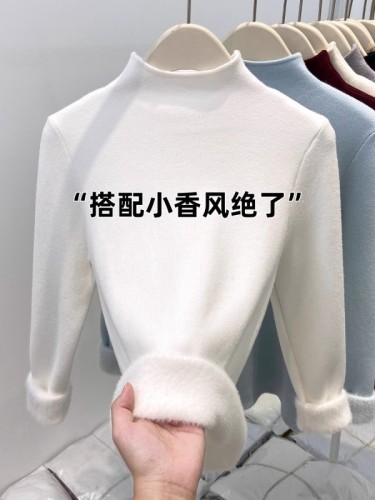 Korean style half turtleneck knitted sweater for women, soft and waxy one-piece velvet thickened warm top, autumn and winter temperament, inner layering shirt
