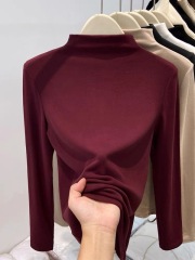 ins style half turtleneck long-sleeved T-shirt tops for women 2024 new thickened silk double-sided velvet warm bottoming shirt trendy