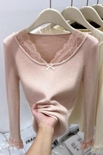 Pure Desire Sexy Lace Spliced ​​Long-Sleeved Sweater Women's Autumn Hot Girl Short Elastic Slim Slim Inner Top