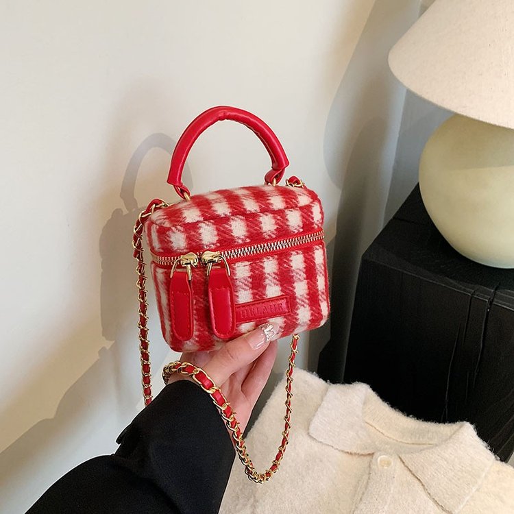 2024 New Mini Bucket Bag Simple Retro Girls Crossbody Bag Korean Version Internet Celebrity Woolen Plaid Handbag