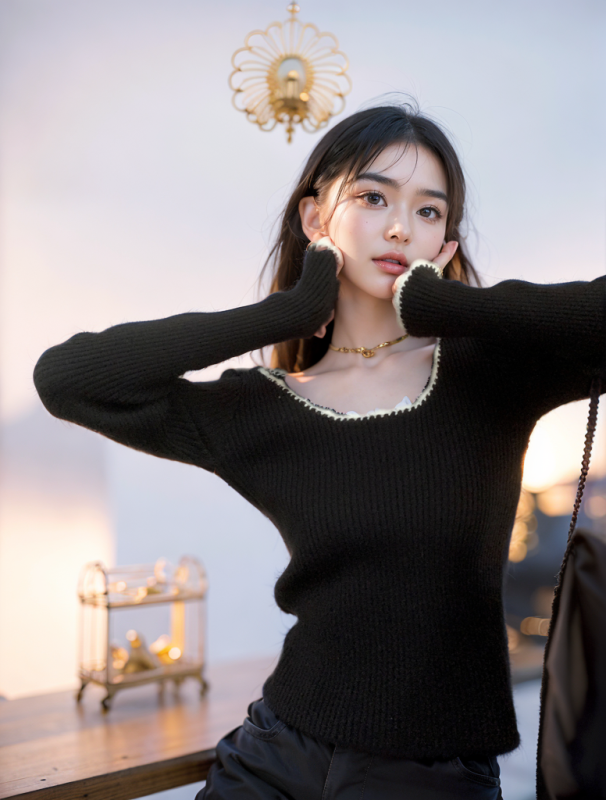 French style round neck retro temperament contrasting color slim fit bottoming top with a sense of design and a knitted pullover sweater underneath