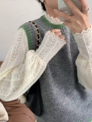 Hollow lace bottoming shirt for women in autumn and winter, designed half-high collar, slim fit, layered long-sleeved T-shirt top