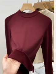 Anchor red half-turtle collar German velvet thickened inner long-sleeved T-shirt for women in autumn and winter soft and waxy right shoulder slimming bottoming top