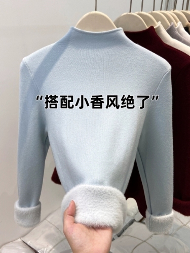 Korean style half turtleneck knitted sweater for women, soft and waxy one-piece velvet thickened warm top, autumn and winter temperament, inner layering shirt