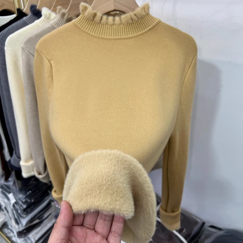 Fungus-edged all-in-one velvet thickened sweater half turtleneck top for women 2024 winter new slim fit warm base layer shirt