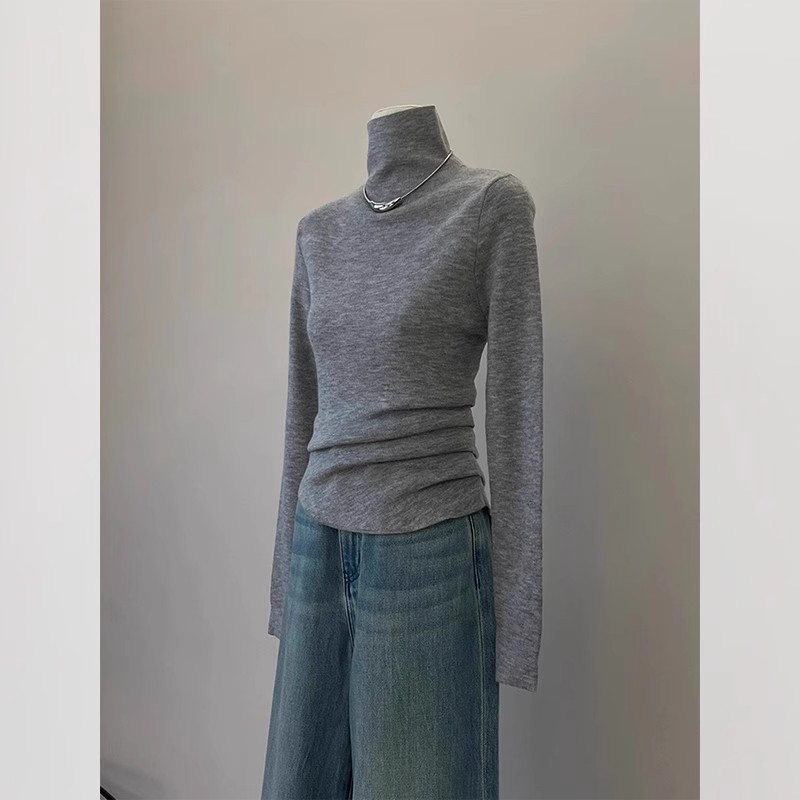 High-end gray half turtleneck bottoming shirt for women in autumn and winter, wearable top for small people, long-sleeved T-shirt