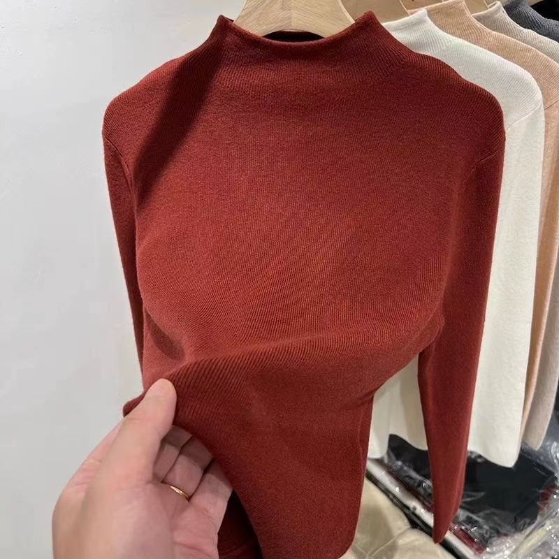 Tmall Douyin quality small stand-up collar soft waxy knitted long-sleeved bottoming shirt for women in autumn and winter plus velvet sweater Korean style top