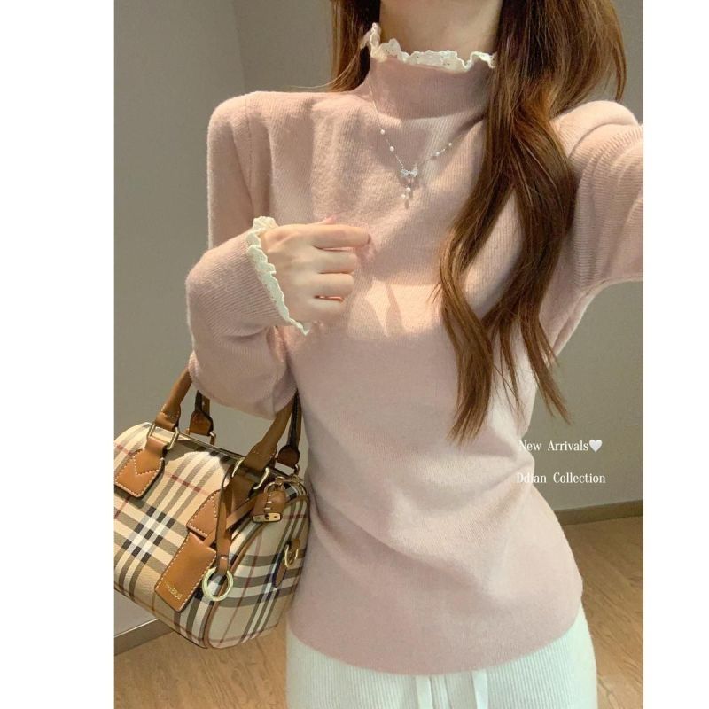 Lace splicing long-sleeved sweater for women winter new style gentle style half turtleneck slim slimming bottoming top