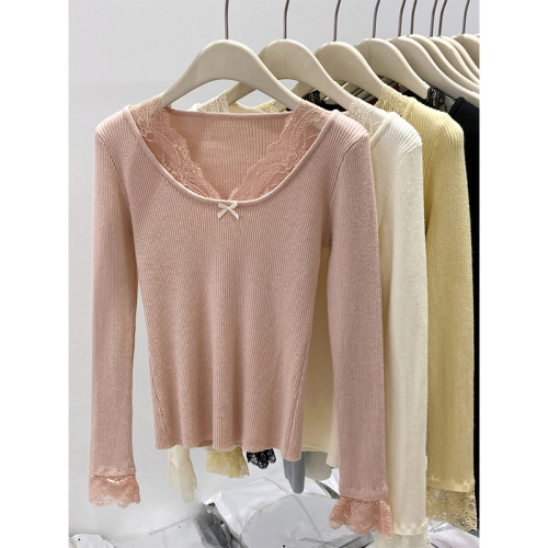 Pure Desire Sexy Lace Spliced ​​Long-Sleeved Sweater Women's Autumn Hot Girl Short Elastic Slim Slim Inner Top