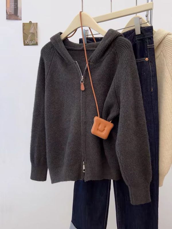 Lazy style pit strip double zipper hooded long-sleeved knitted cardigan for women in autumn and winter soft and waxy loose sweater bottoming shirt top