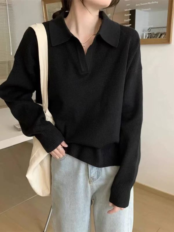 Pique knitted 490g autumn and winter loose polo collar sweater base for women with a high-end look and slimming
