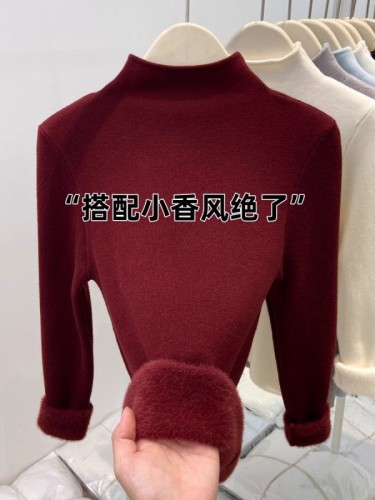 Korean style half turtleneck knitted sweater for women, soft and waxy one-piece velvet thickened warm top, autumn and winter temperament, inner layering shirt