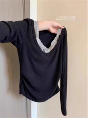 Tai looks good~Pure desire off-shoulder fake two-piece top with padded breasts for women, thread slimming outer wear, sexy long-sleeved T-shirt